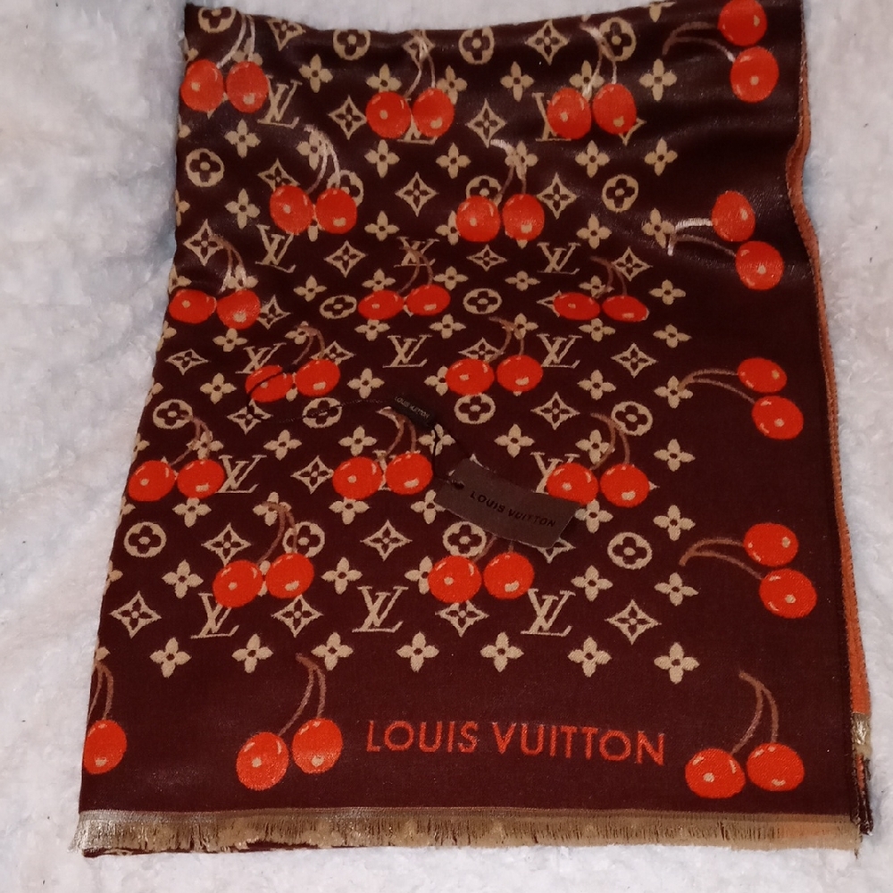 Large Louis Vuitton Cherry Motif Scarf in Brown and Red